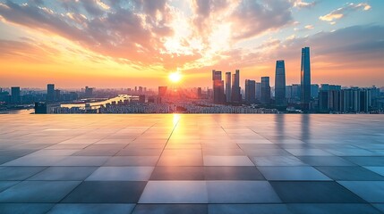 Poster - Empty square floors and city skyline with modern buildings at sunset in Suzhou Jiangsu Province China high angle view : Generative AI