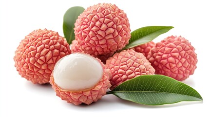 Poster - Isolated lychee Whole and peeled lychee fruits with leaves isolated on white background with clipping path : Generative AI