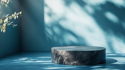 Aufkleber - Minimal style Luxury mockup for product presentation black stone podium on blue background with natural sunlight shadow banner front view stand stage for natural skin care and cosmetic : Generative AI