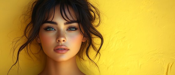 Poster - Beautiful woman with green eyes and long dark hair against a yellow background.