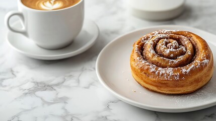 Aufkleber - Freshly baked cinnamon roll with spices and cocoa filling and coffee or cappuccino on white serving plate on white marble table over white background Swedish breakfast Copy space Selec : Generative AI