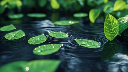 Poster - Green leaves on water surface Beautiful water ripple background for product presentation Copy space : Generative AI