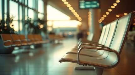 Poster - empty airport terminal waiting area with chairs blured background : Generative AI