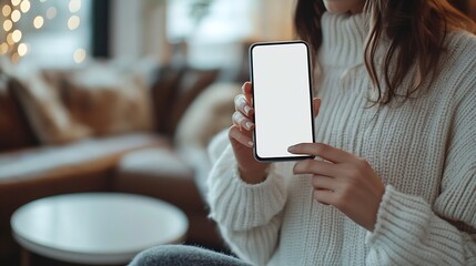 Poster - A closeup image of a woman in a white sweater holding a smartphone whitescreen mockup over a white table indoors A woman using a smartphone indoors people and wireless technology conce : Generative AI