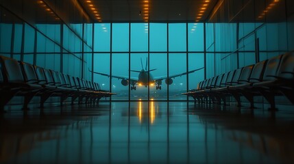 Poster - Empty airport hall with taking off airplane behind window : Generative AI