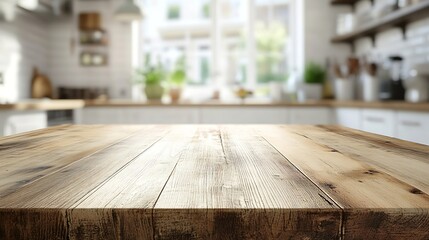 Leinwandbilder - kitchen table background wood counter top on blur of white clean abstract home interior with bokeh  used for display or montage your wooden for dining background table banner podium : Generative AI