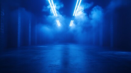 Poster - Abstract technology dark blu empty street asphalt floor studio room with smoke floating up the interior texture transportation  background neon light spotlight laser future digital tec : Generative AI