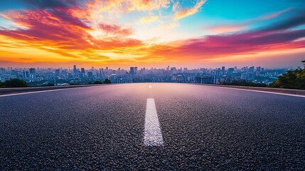 Poster - Asphalt road and city skyline with colorful sky clouds at sunset : Generative AI