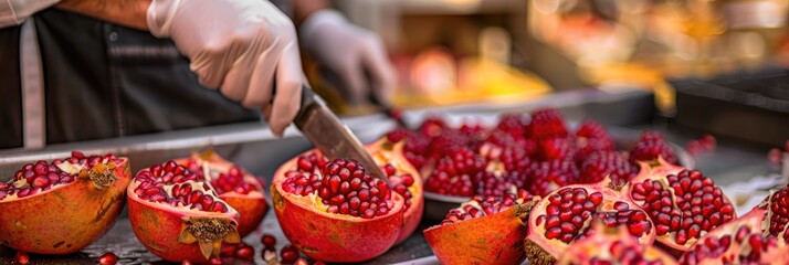 Poster - Street food vendor cutting ripe pomegranates to showcase bright red seeds for juice preparation.