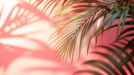Poster - Blurred shadow from palm leaves on the light pink wall Minimal abstract background for product presentation Spring and summer Peach Fuzz Color of the year 2024 : Generative AI