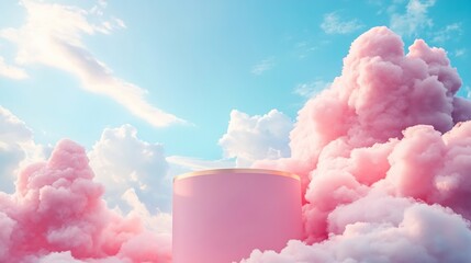 Poster - Surreal podium outdoor on blue sky pink gold pastel soft clouds with spaceBeauty cosmetic product placement pedestal present promotion minimal displaysummer paradise dreamy concept : Generative AI
