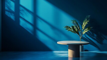 Aufkleber - Blue Background Dark 3d Studio Minimal Kitchen Table Display Room Abstract Scene Business Light Shadow Leaf Texture Space Wall Floor Bg Mockup Template Beauty Luxury Wallpaper Stage Gr : Generative AI