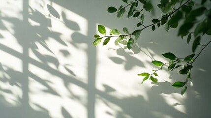 Poster - Beautiful shadow from a window and tree leaves on a white wall Simple minimalistic natural background for presentation : Generative AI
