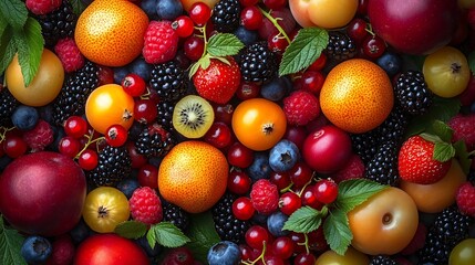 Aufkleber - Different ripe fruits and berries as background top view : Generative AI