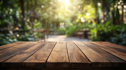 Aufkleber - Empty wood table with blur interior outdoor space coffee  restaurant or cafe for background : Generative AI