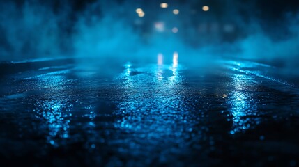 Poster - Dark street wet asphalt reflections of rays in the water Abstract dark blue background smoke smog Empty dark scene neon light spotlights : Generative AI
