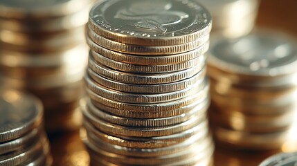 Stack of silver coins presentation at table going up as symbol of prosperity and rising income closeup : Generative AI