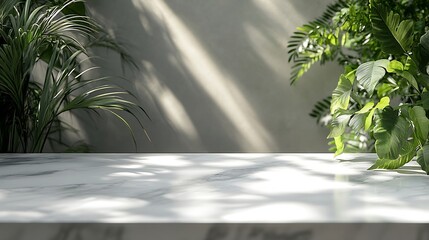 Poster - Empty white marble table top green leaves and gray backdrop scene with copy space for products presentation Empty modern minimal mock up for cosmetic skin care products advertising : Generative AI