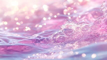 Poster - Abstract summer banner background Transparent pink clear water surface texture with ripples splashes and bubbles Water waves in sunlight with copy space Cosmetics moisturizer micellar  : Generative AI
