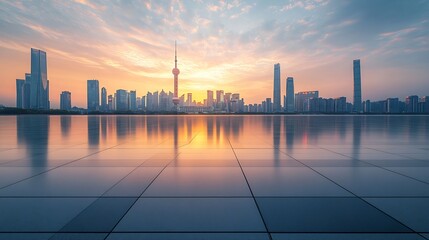 Empty floor and city skyline with modern building at sunset in Suzhou Jiangsu Province China high angle view : Generative AI