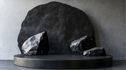 Canvas Print - Black stone podium with a large stone backdrop and three rocks.