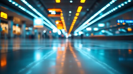 Fototapete - Blurred background with bokeh light in empty airport due to coronavirus covid new normal rule shop store area runway escalator with travel passenger fly flight travel walking in hallwa : Generative AI