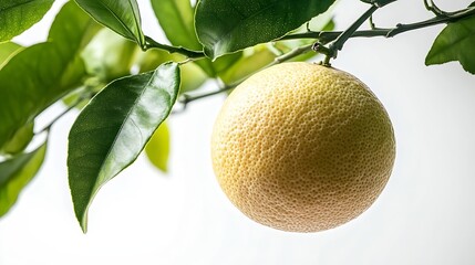 Poster - Pomelo fruit with green leaf on tree branch isolated on white background : Generative AI