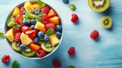 Poster - Tasty fruit salad in bowl and ingredients on light blue wooden table closeup : Generative AI