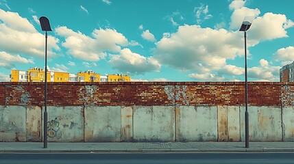 Leinwandbilder - Surrounding brick wall with concrete columns with cloudy sky street lamp and modern building on behind Urban road in front Background for copy space : Generative AI