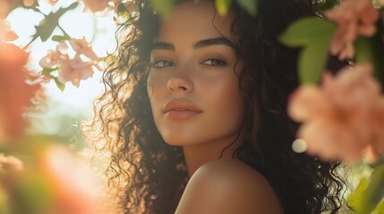 Wall Mural - Flower portrait Beautiful latin woman with natural beauty and shine hair posing in nature Toned in warm colours  Horizontal shot : Generative AI