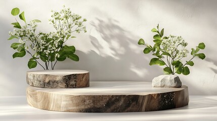 Aufkleber - Decoration Wood cut podium and stone arrangements with green flowers on white background  Abstract podium for organic cosmetic products Natural stand for presentation and exhibitions F : Generative AI