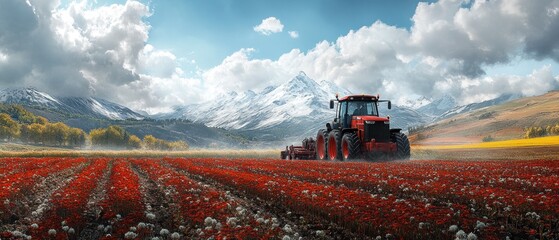 Red Tractor in a Field of Flowers with a Snowy Mountain Range in the Background