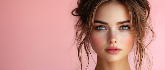 Wall Mural - Close-up portrait of a beautiful woman with blue eyes and long brown hair, looking directly at the camera.