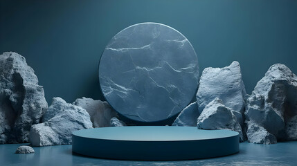 Canvas Print - Blue stone podium for product presentation with rocks and large circle.