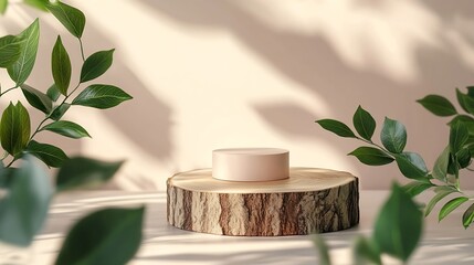 Aufkleber - Minimal modern product display on neutral beige background Wood slice podium and green leaves Concept scene stage showcase for new product promotion sale banner presentation cosmetic : Generative AI
