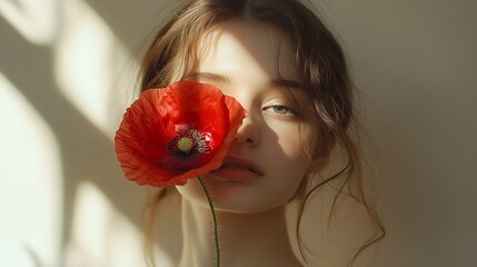 Young girl hiding face with red poppy flower on pastel beige background with aesthetic sunlight shadow : Generative AI