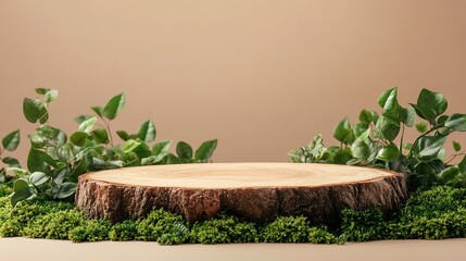 Poster - Wooden slice podium and green leaves on green moss on beige background Premium scene for product promotion beauty natural eco cosmetic Empty showcase display case : Generative AI