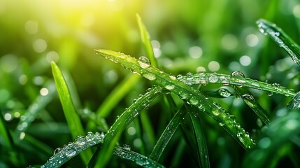 close up of nature fresh green grass with dews drop : Generative AI