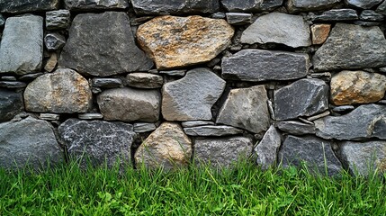 Leinwandbilder - Light brown and gray stone wall with light grout behind a strip of green grass Beautiful old stone pattern background Wallpaper : Generative AI