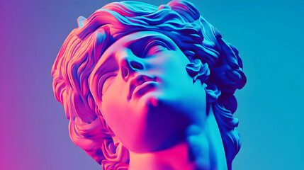 Canvas Print - Close up of an ancient Greek sculpture head illuminated in pink and blue light.