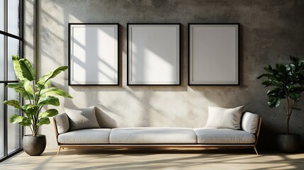 Aufkleber - Artistic mockup template Black vertical picture frames on beige wall background in sunlight Poster display at home minimal Scandinavian design no people Elegant apartment concept Templ : Generative AI