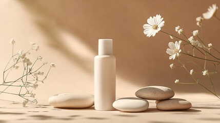 Aufkleber - Minimal concept with stones and flower and white plastic bottle without label on brown background Mockup for cosmetic product facial moisturizer cream or facial cleanser Front view : Generative AI