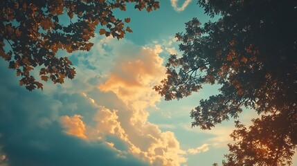 Fototapete - Trees beneath the dynamic clouds of the evening sky : Generative AI