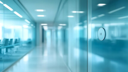 Closeup of a glass door handle in an office hallway with a blurred background.