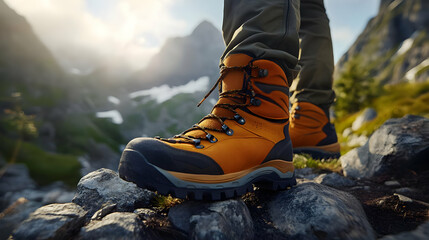 Closeup of a hiker's boots on a rocky mountain path with a scenic view in the background.