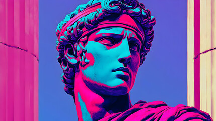 Canvas Print - Close-up of a neoclassical statue of a man with pink and blue color tones, against a purple sky and pink pillars.