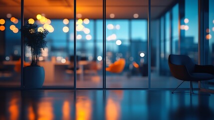 Fototapete - at night beautiful Abstract blurred office interior room blurry working space with defocused effect : Generative AI