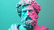 © Siasart Studio - Close-up of a white marble bust of a man with curly hair and beard illuminated with pink and cyan light against a turquoise background.