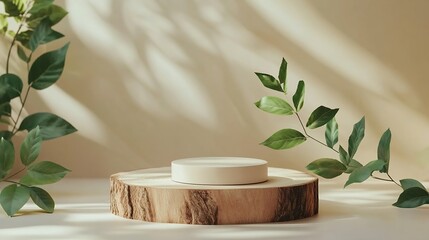 Poster - Minimal modern product display on neutral beige background Wood slice podium and green leaves Concept scene stage showcase for new product promotion sale banner presentation cosmetic : Generative AI