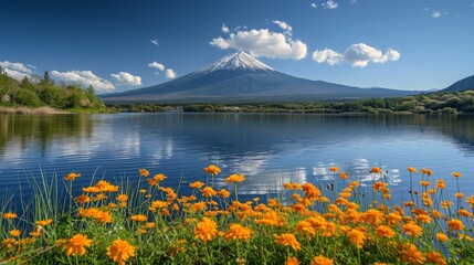 Canvas Print - 黄色い花と富士山,Generative AI AI画像